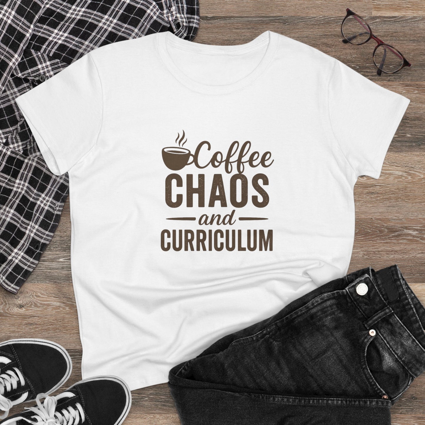 women's cotton tee - teachers with attitude. coffee chaos and curriculum design