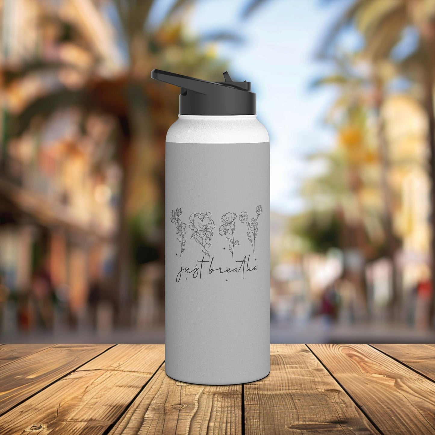 stainless steel water bottle, standard lid - just breathe - calm and mindful quote