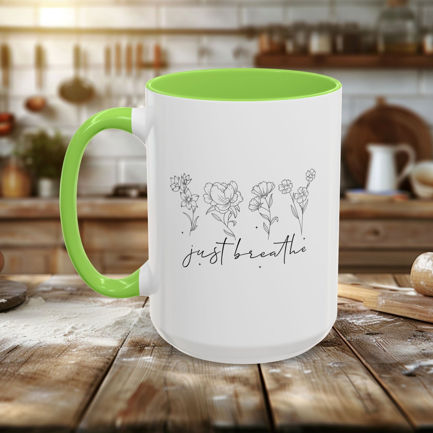 colorful mugs (11oz, 15oz) - just breathe - calm and mindful quote
