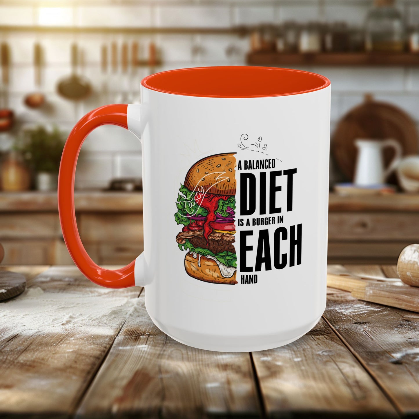 colorful mugs (11oz, 15oz) - a balanced diet is a burger in each hand - funny food quote