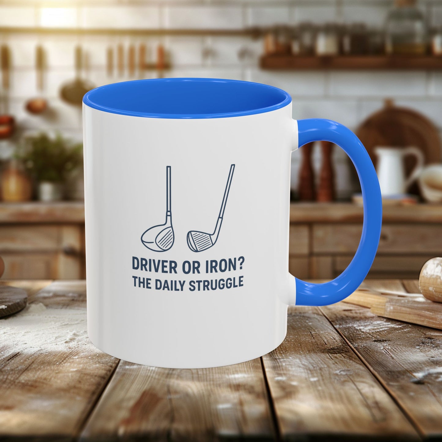 colorful golf mug - driver or iron? the daily struggle