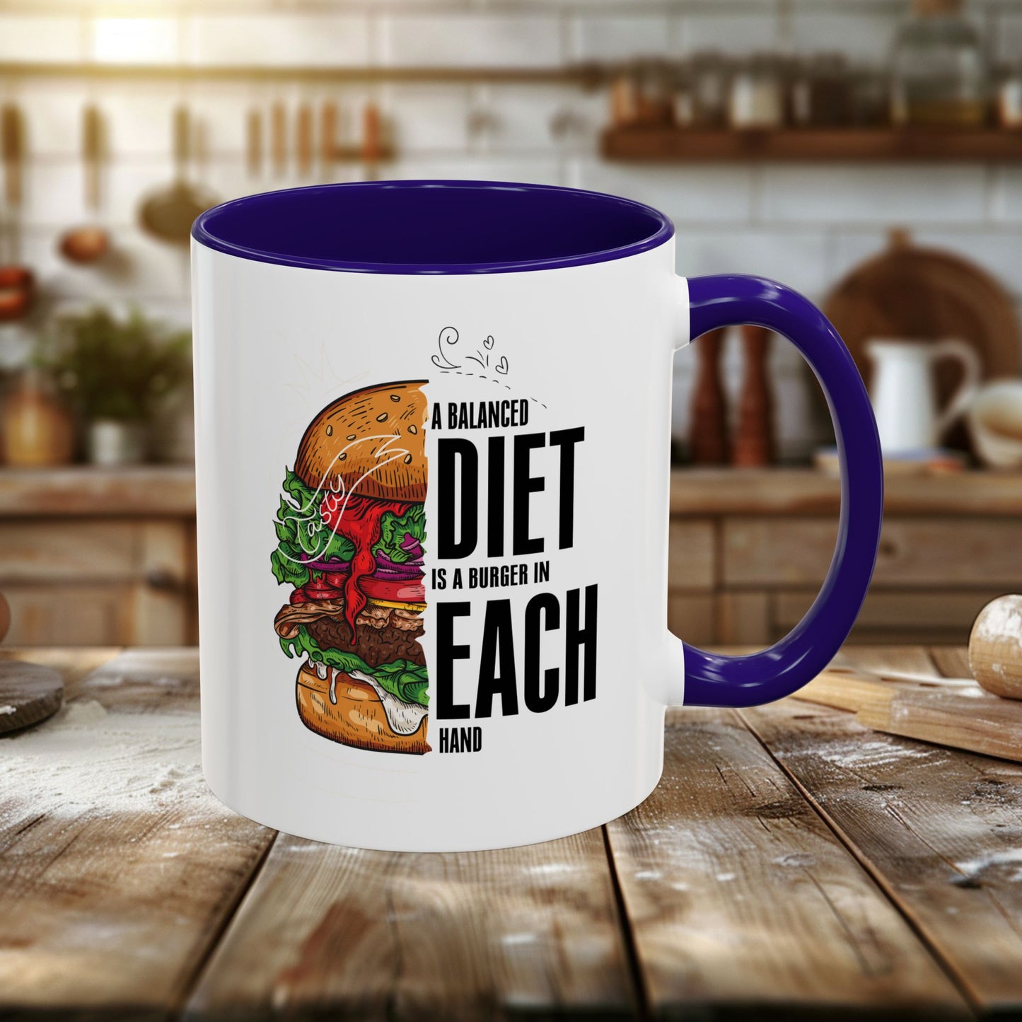 colorful mugs (11oz, 15oz) - a balanced diet is a burger in each hand - funny food quote