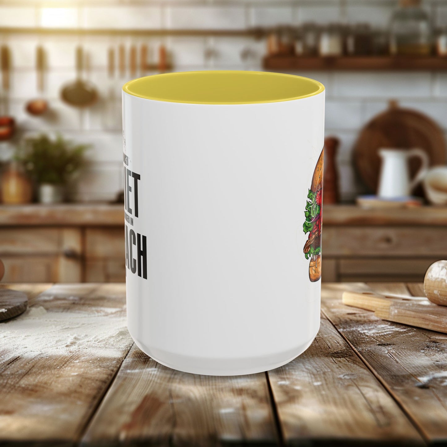 colorful mugs (11oz, 15oz) - a balanced diet is a burger in each hand - funny food quote