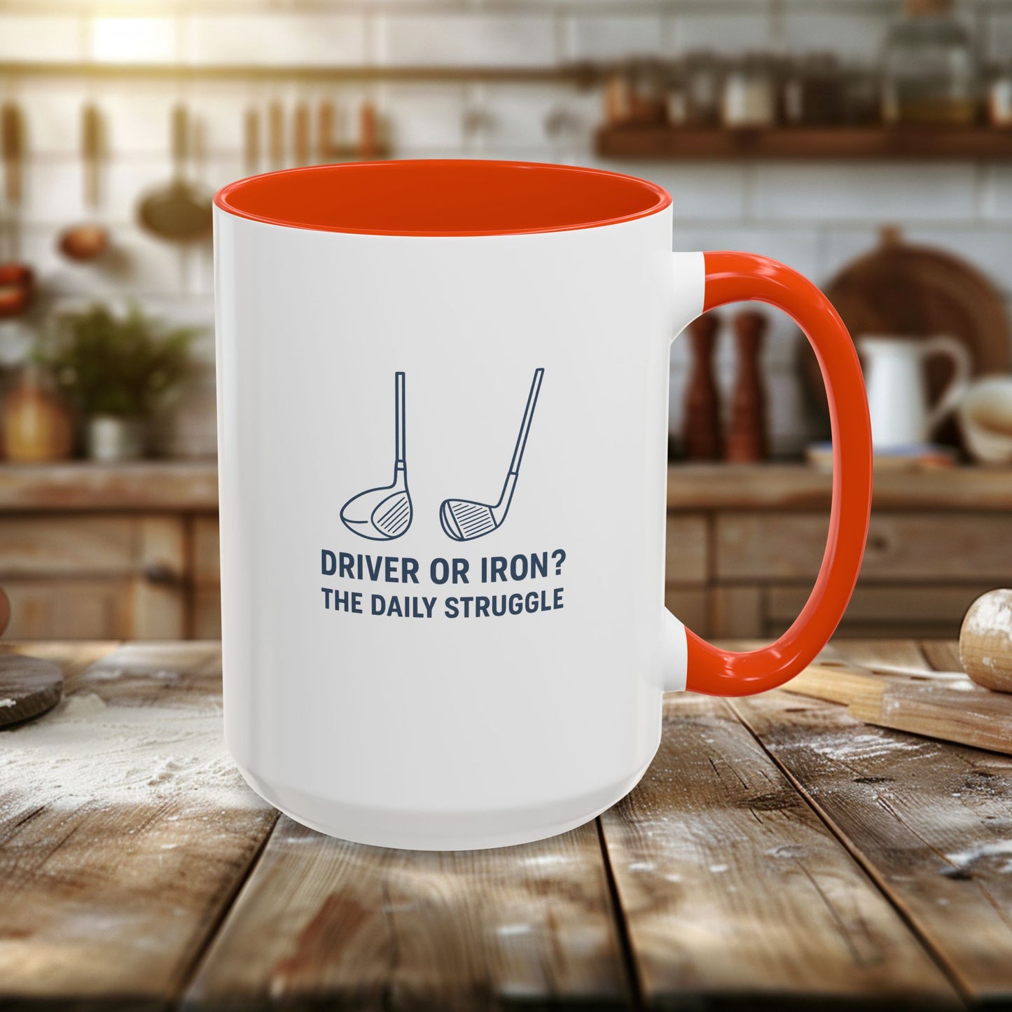 colorful golf mug - driver or iron? the daily struggle