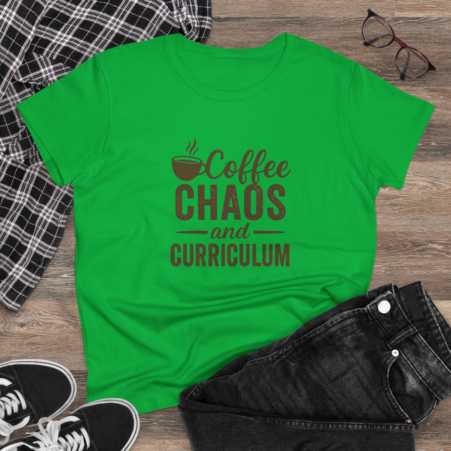 women's cotton tee - teachers with attitude. coffee chaos and curriculum design