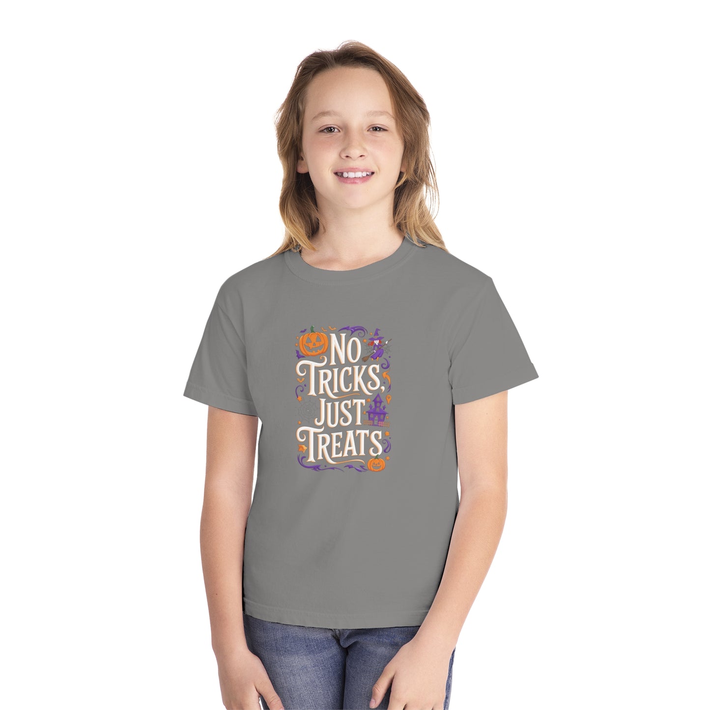 youth t-shirt, youth halloween t-shirt, no tricks just treats!