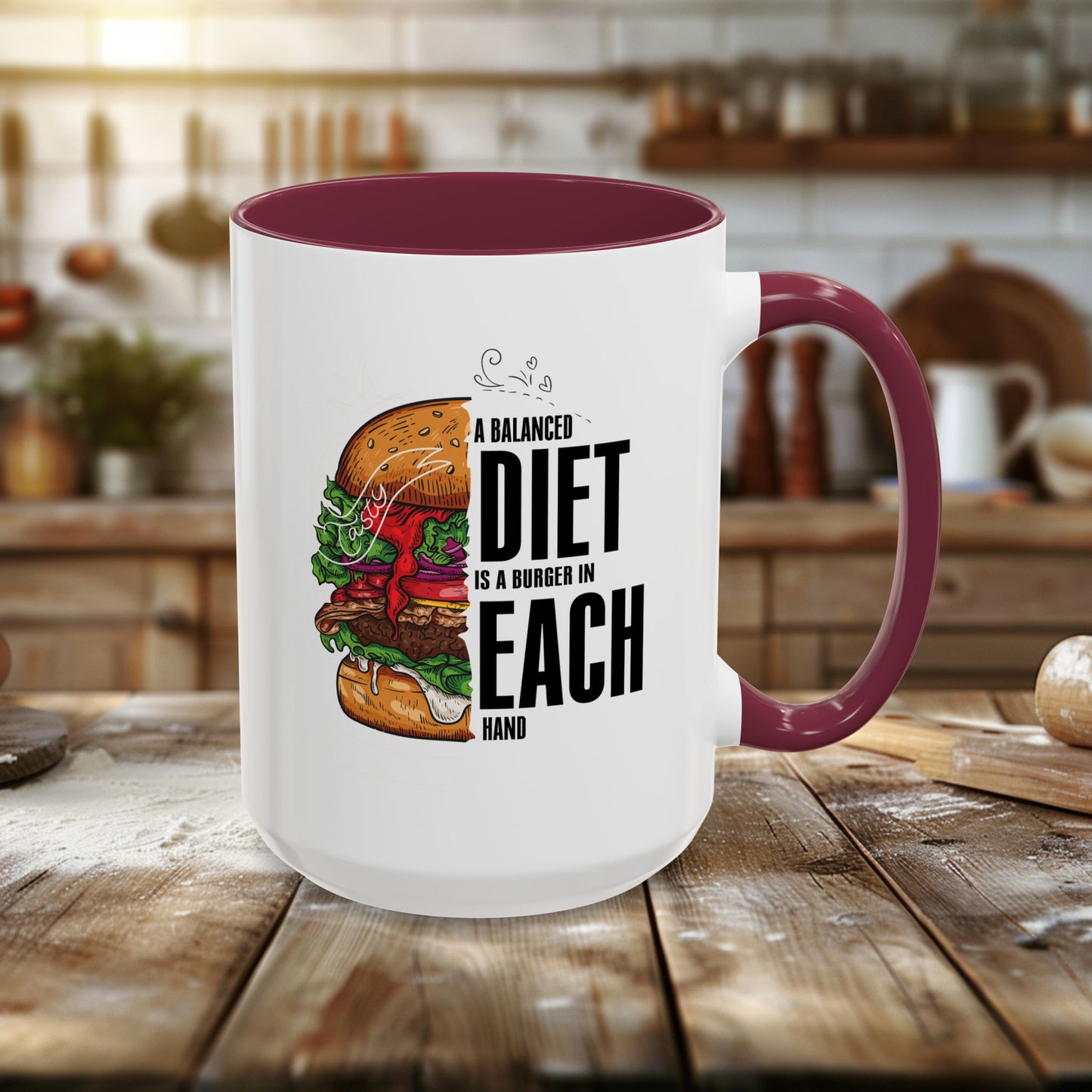 colorful mugs (11oz, 15oz) - a balanced diet is a burger in each hand - funny food quote
