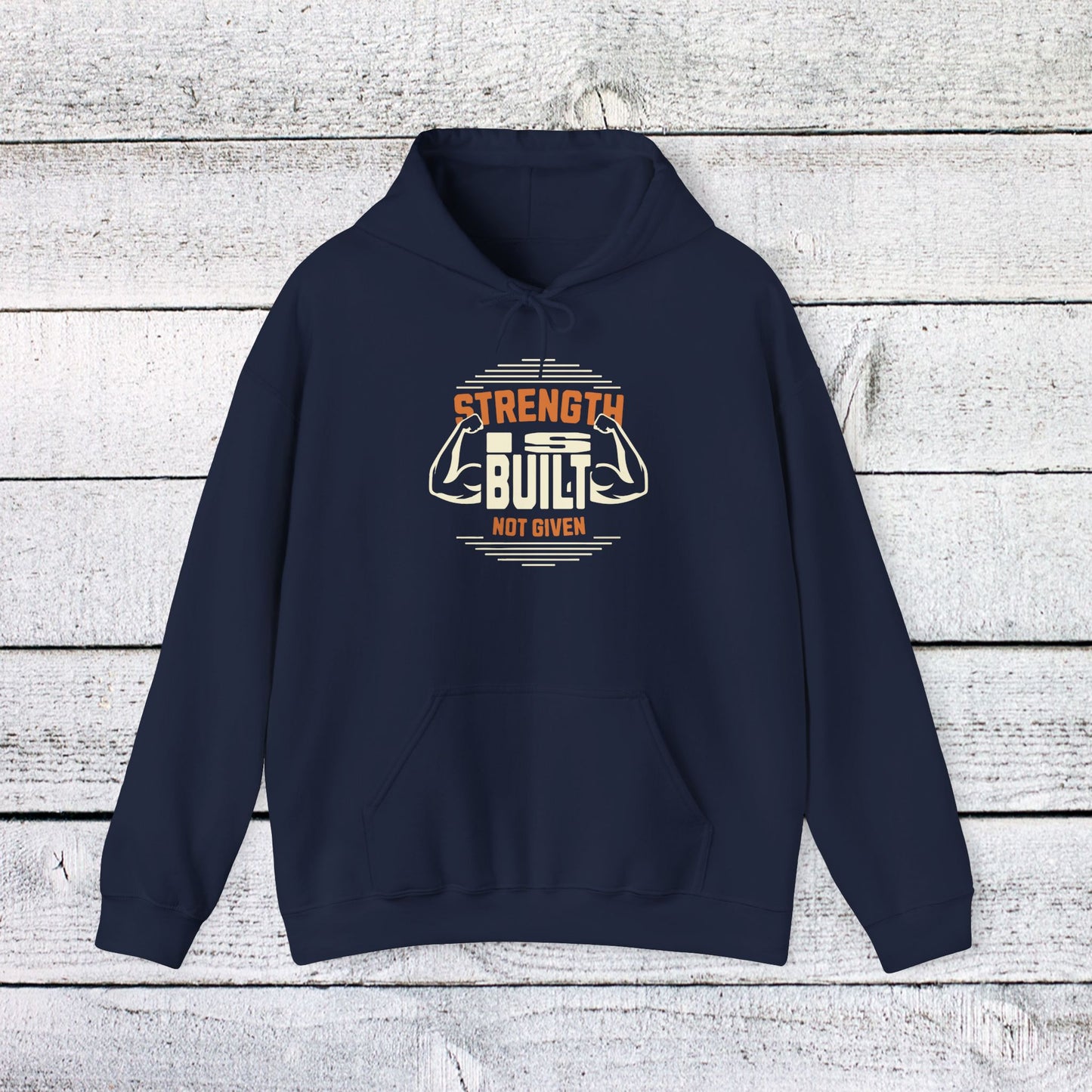 unisex heavy blend™ hooded sweatshirt - strength is built not given - motivational gym quote