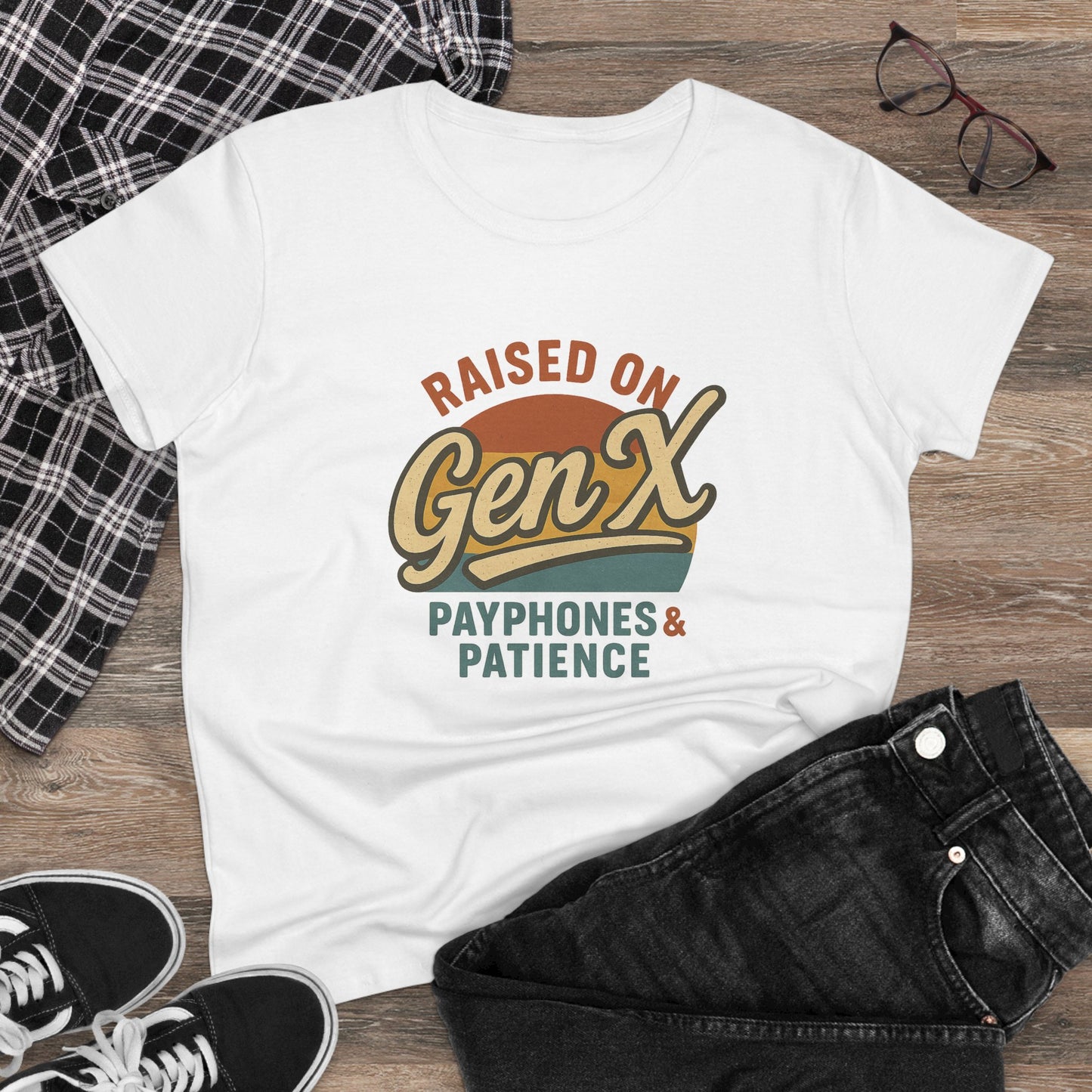 women's cotton tee - raised on gen x with payphones & patience