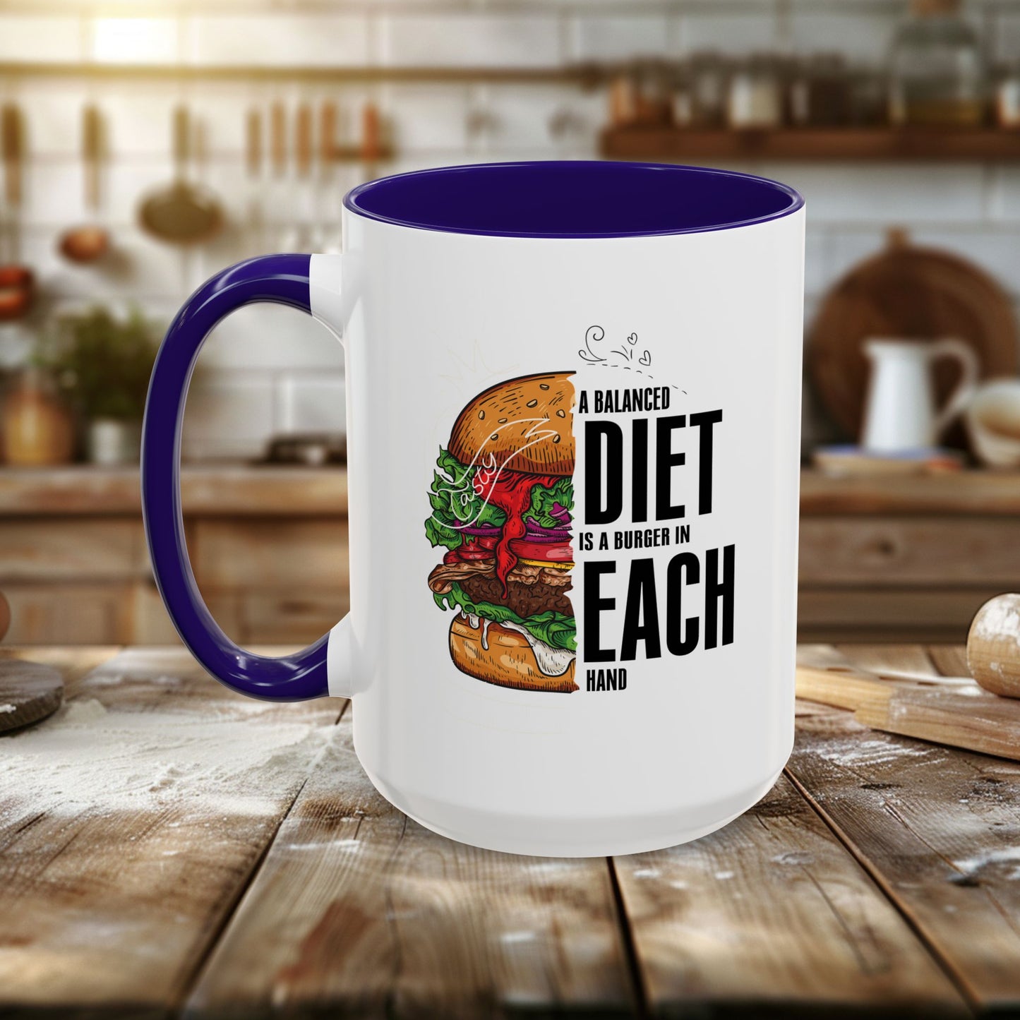 colorful mugs (11oz, 15oz) - a balanced diet is a burger in each hand - funny food quote