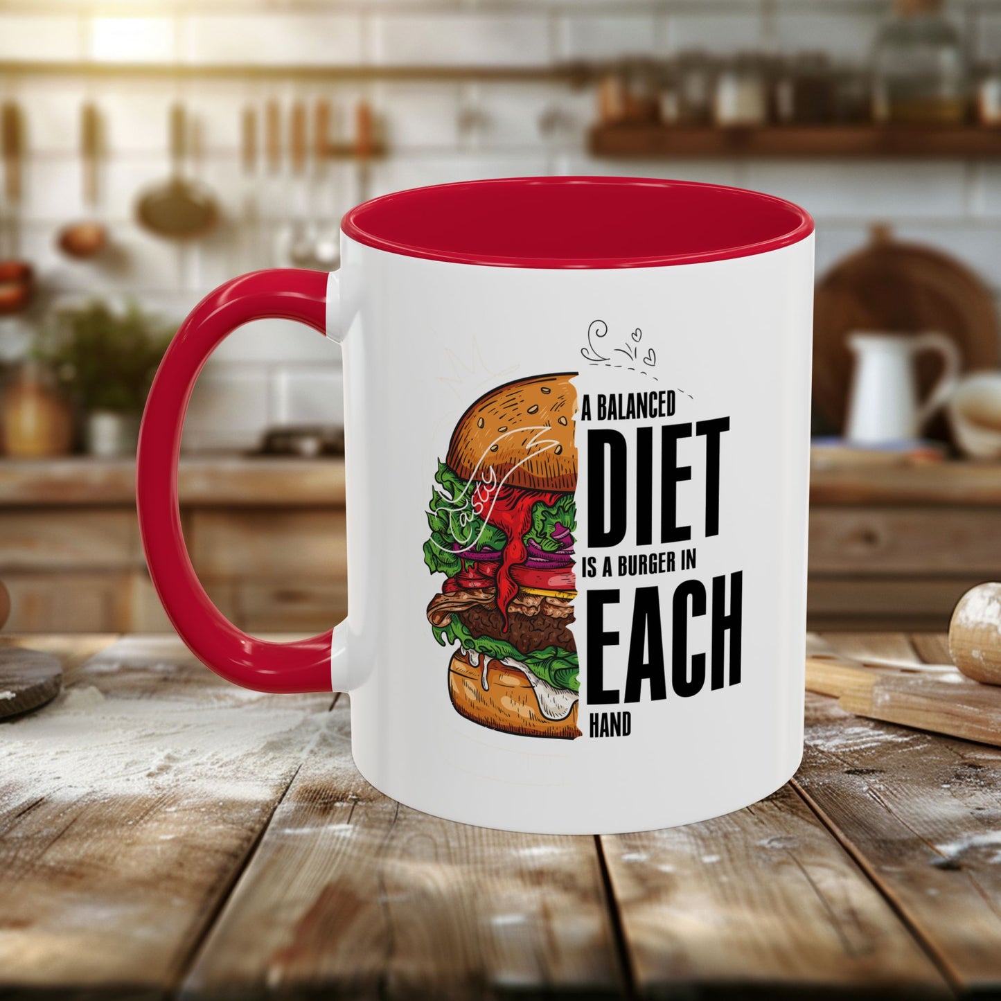 colorful mugs (11oz, 15oz) - a balanced diet is a burger in each hand - funny food quote