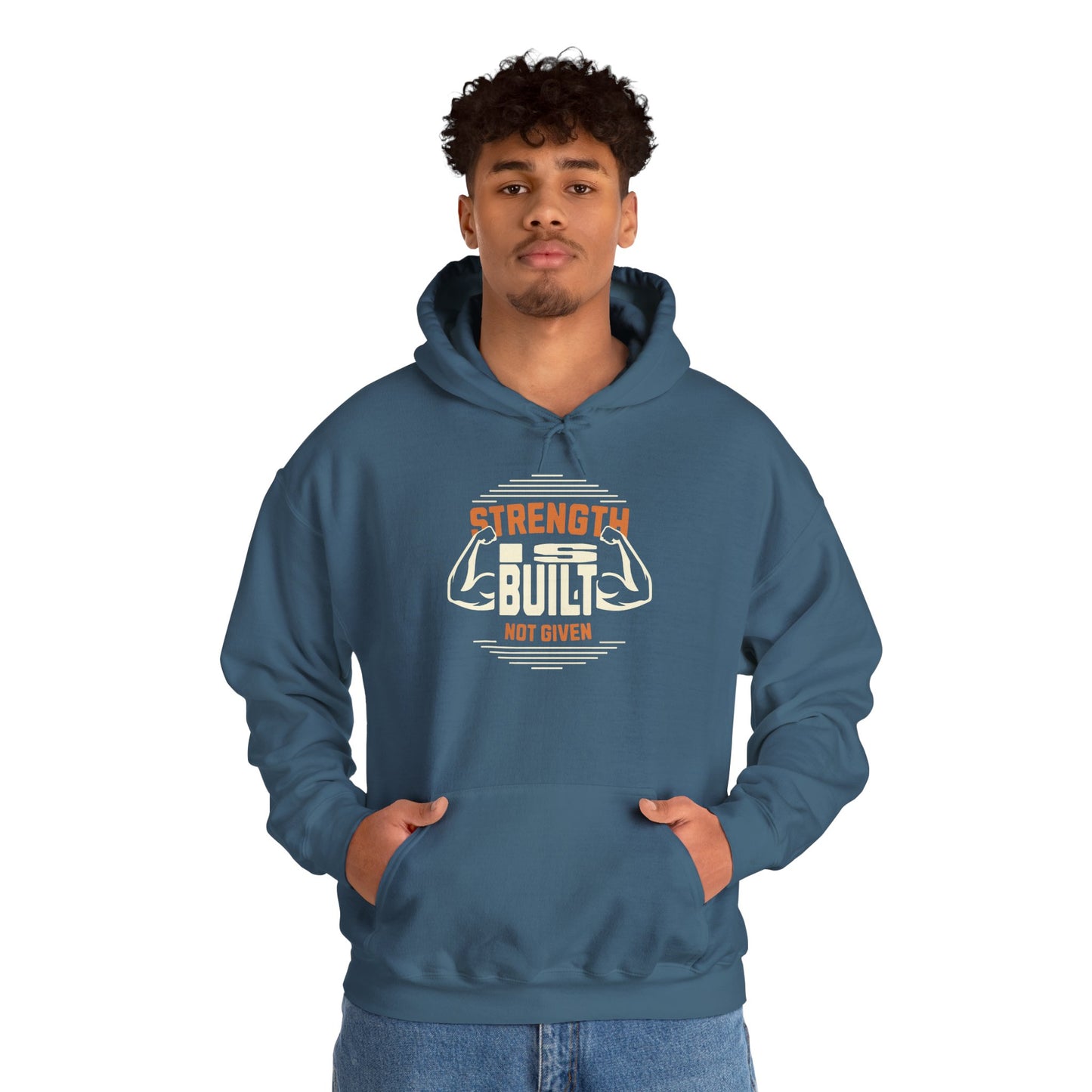 unisex heavy blend™ hooded sweatshirt - strength is built not given - motivational gym quote