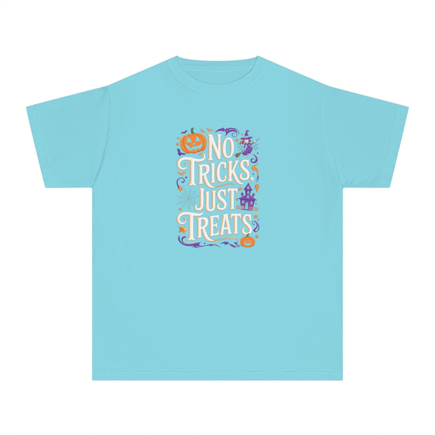 youth t-shirt, youth halloween t-shirt, no tricks just treats!