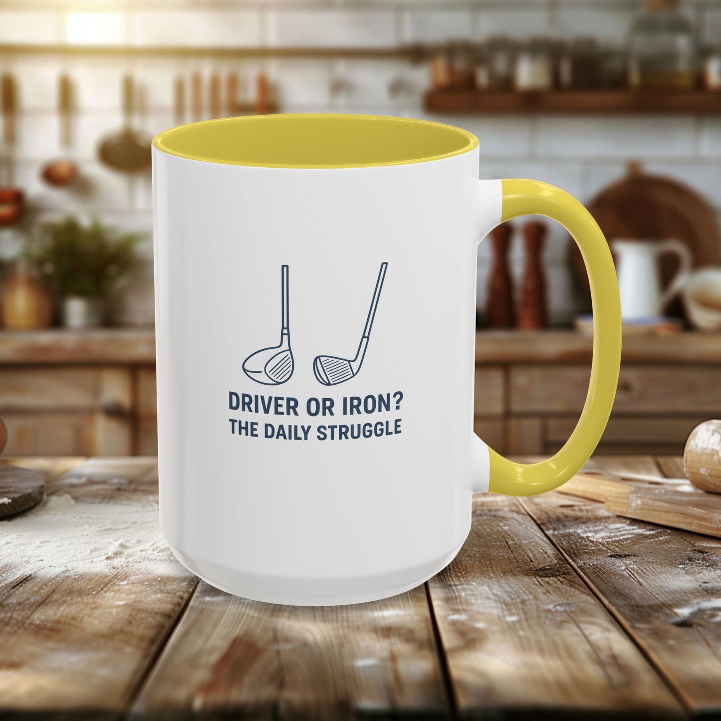 colorful golf mug - driver or iron? the daily struggle