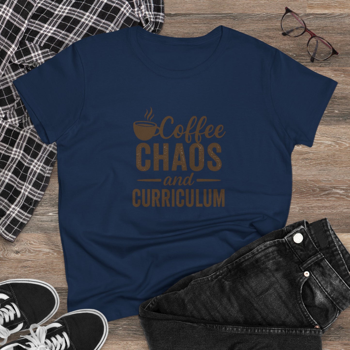 women's cotton tee - teachers with attitude. coffee chaos and curriculum design