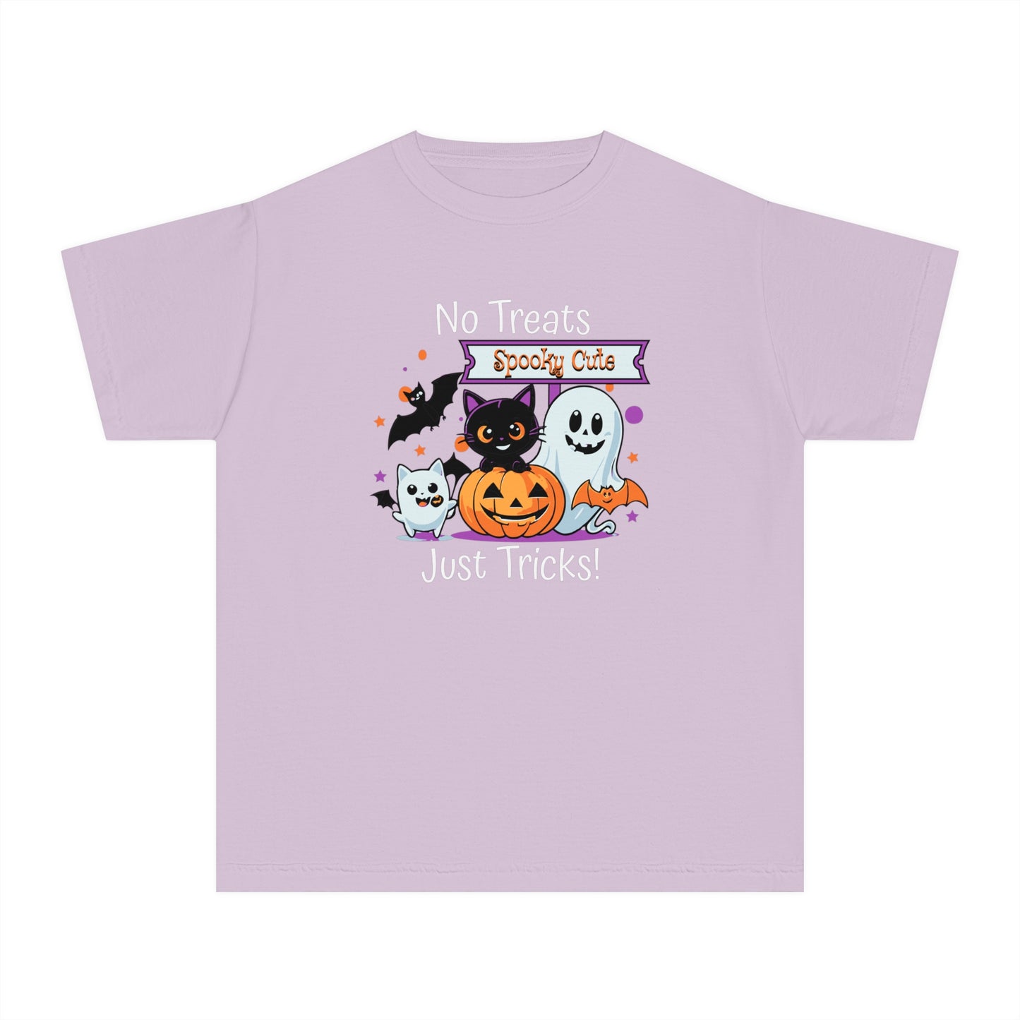 youth t-shirt, youth halloween t-shirt, no treats, just tricks!