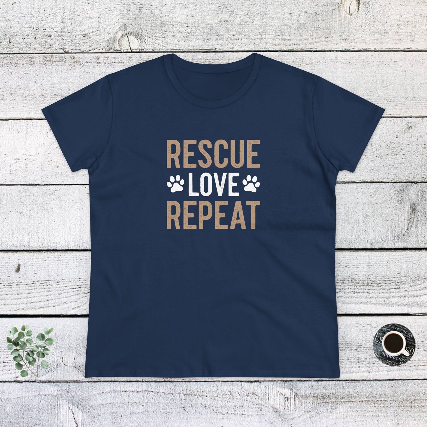 women's midweight cotton tee - rescue love repeat | funny dog lover gift | cute pet quote design