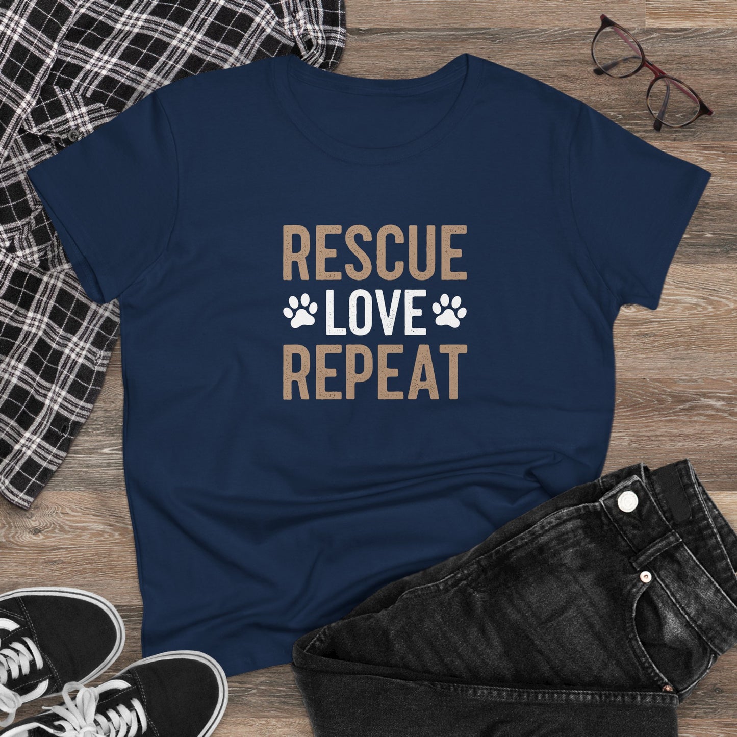 women's midweight cotton tee - rescue love repeat | funny dog lover gift | cute pet quote design