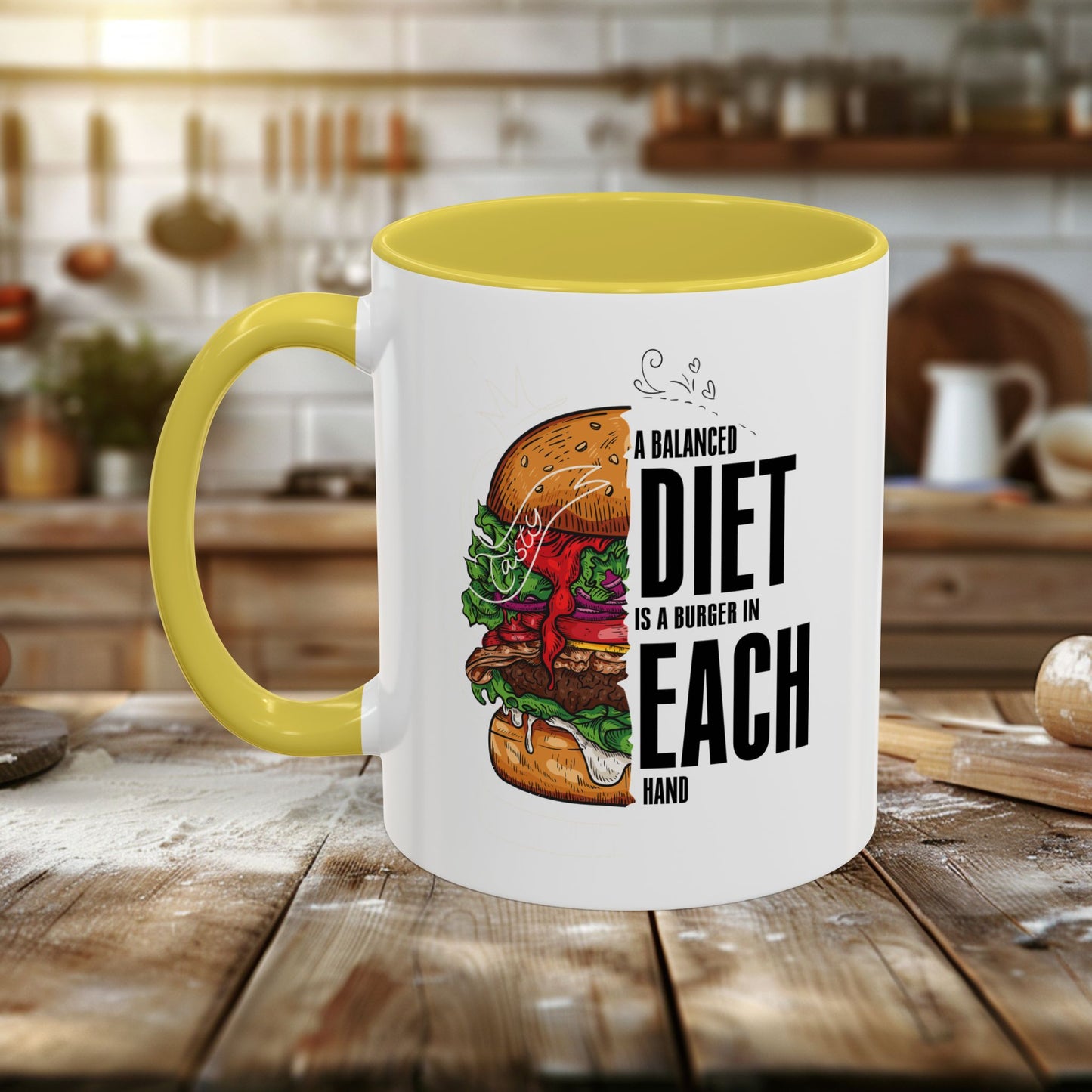 colorful mugs (11oz, 15oz) - a balanced diet is a burger in each hand - funny food quote