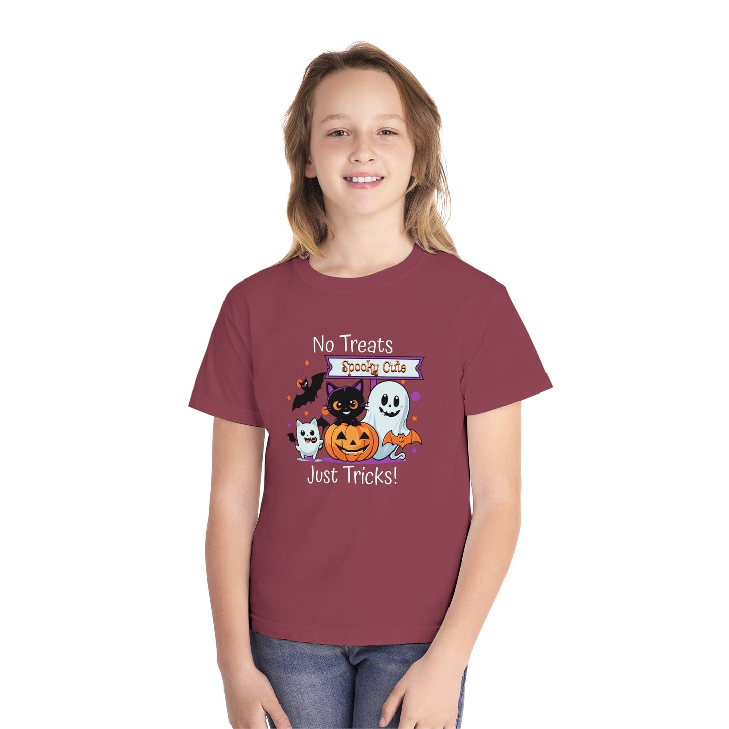 youth t-shirt, youth halloween t-shirt, no treats, just tricks!