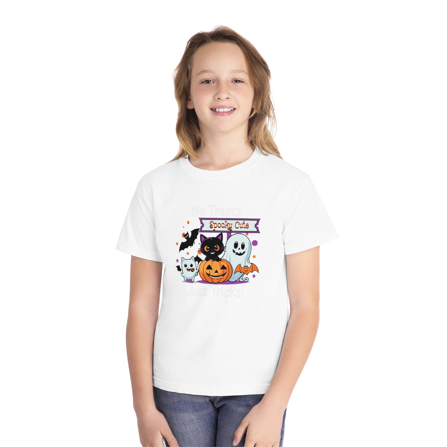 youth t-shirt, youth halloween t-shirt, no treats, just tricks!