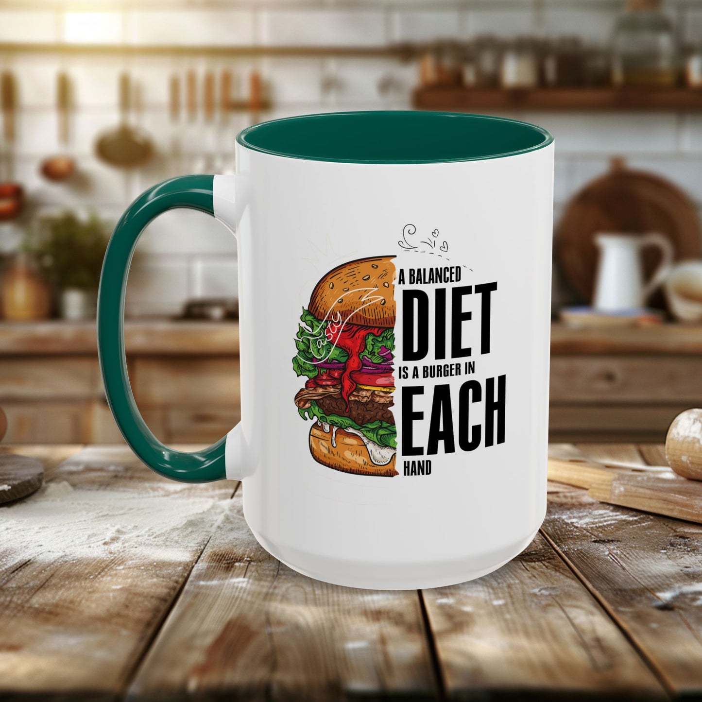colorful mugs (11oz, 15oz) - a balanced diet is a burger in each hand - funny food quote