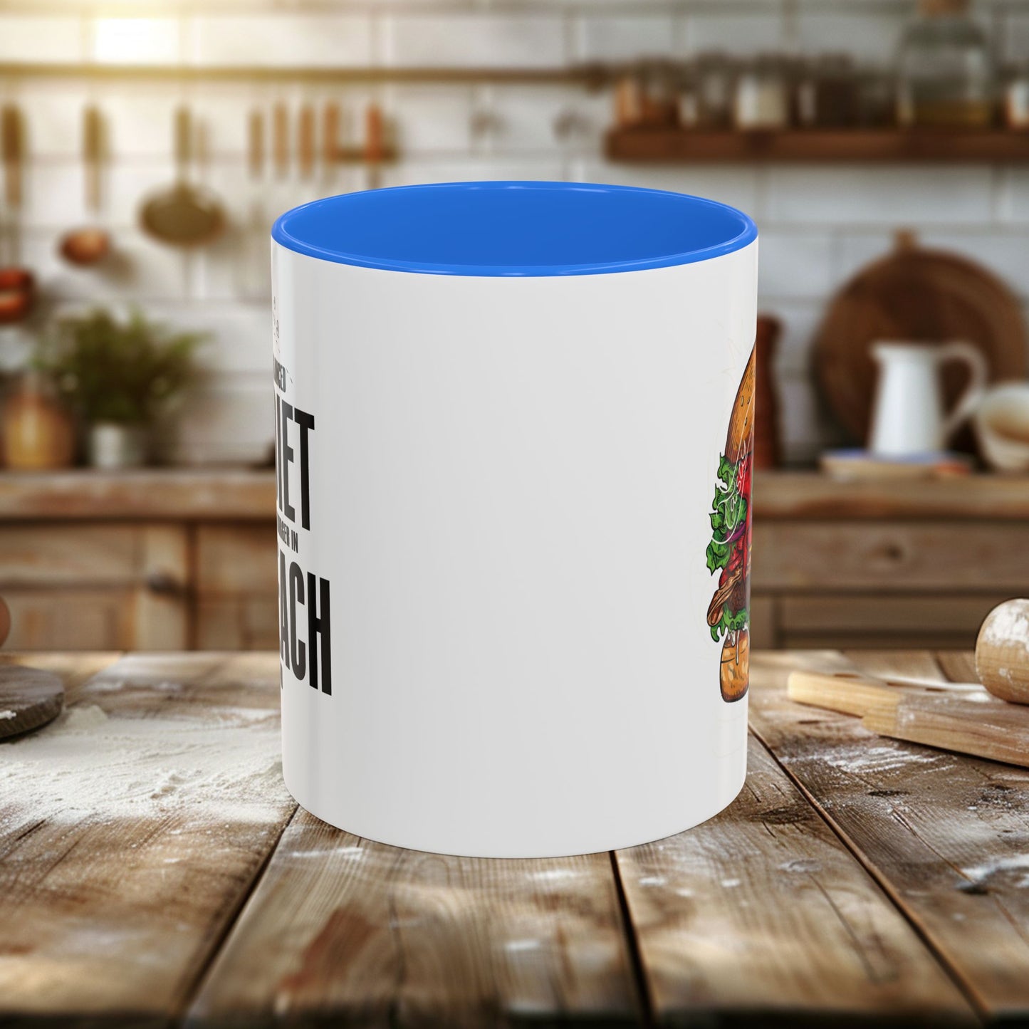 colorful mugs (11oz, 15oz) - a balanced diet is a burger in each hand - funny food quote