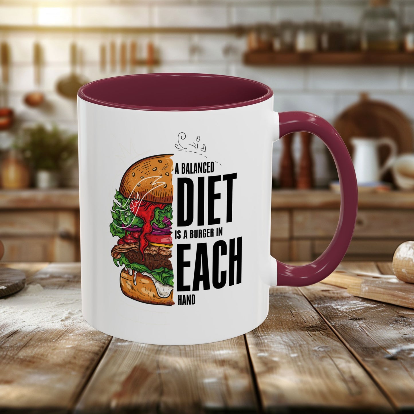 colorful mugs (11oz, 15oz) - a balanced diet is a burger in each hand - funny food quote
