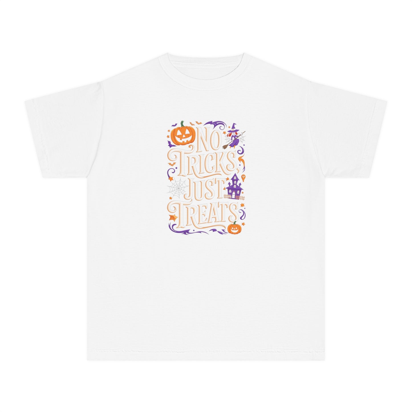 youth t-shirt, youth halloween t-shirt, no tricks just treats!