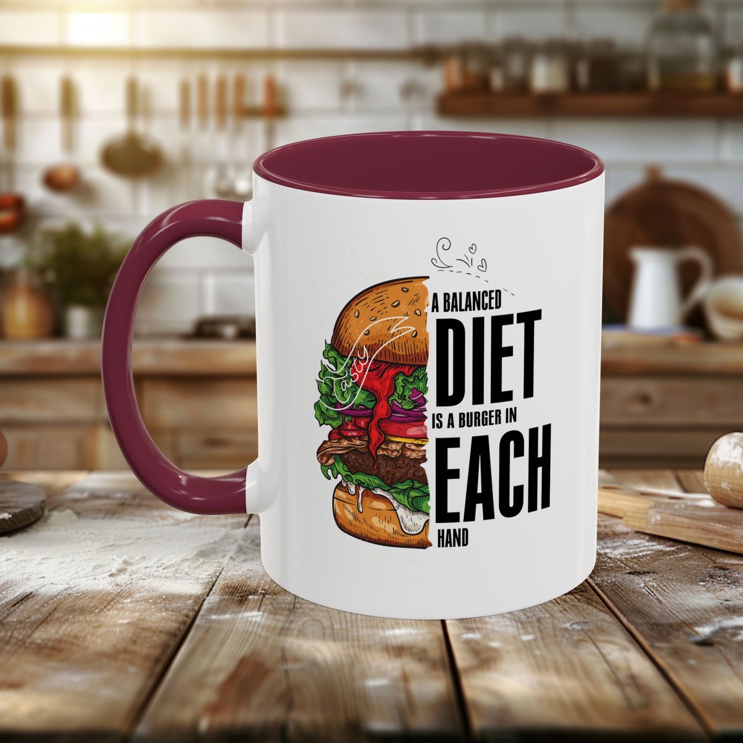 colorful mugs (11oz, 15oz) - a balanced diet is a burger in each hand - funny food quote
