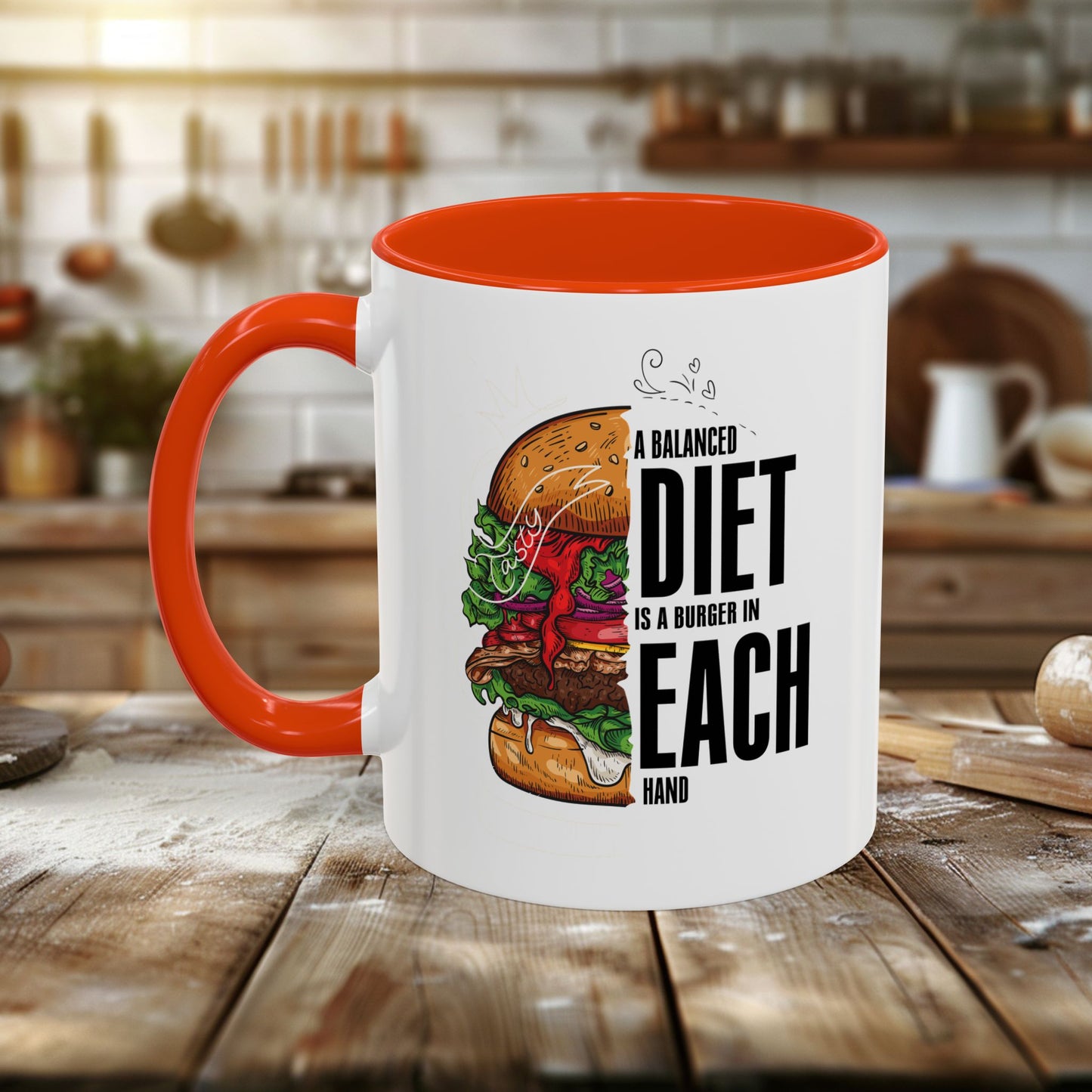 colorful mugs (11oz, 15oz) - a balanced diet is a burger in each hand - funny food quote