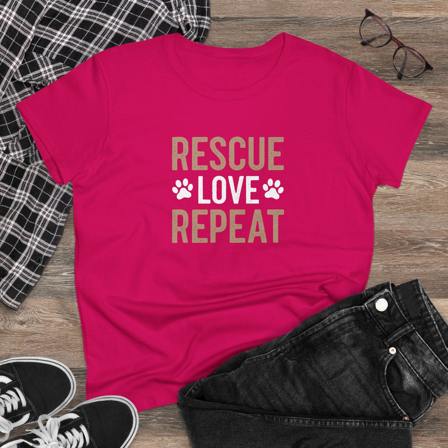 women's midweight cotton tee - rescue love repeat | funny dog lover gift | cute pet quote design