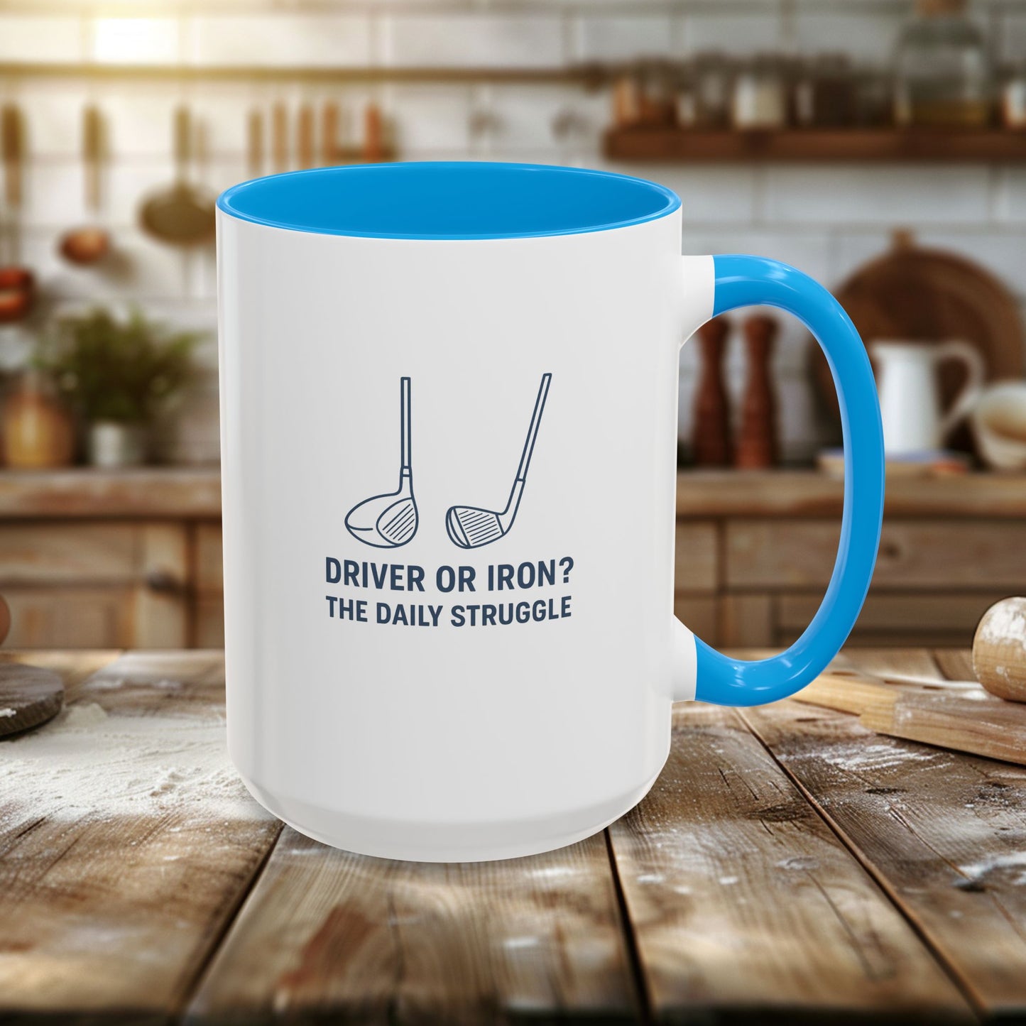 colorful golf mug - driver or iron? the daily struggle