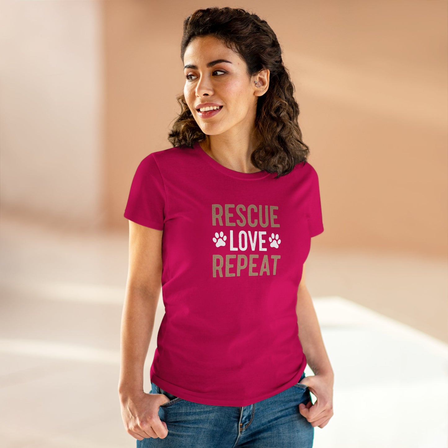 women's midweight cotton tee - rescue love repeat | funny dog lover gift | cute pet quote design