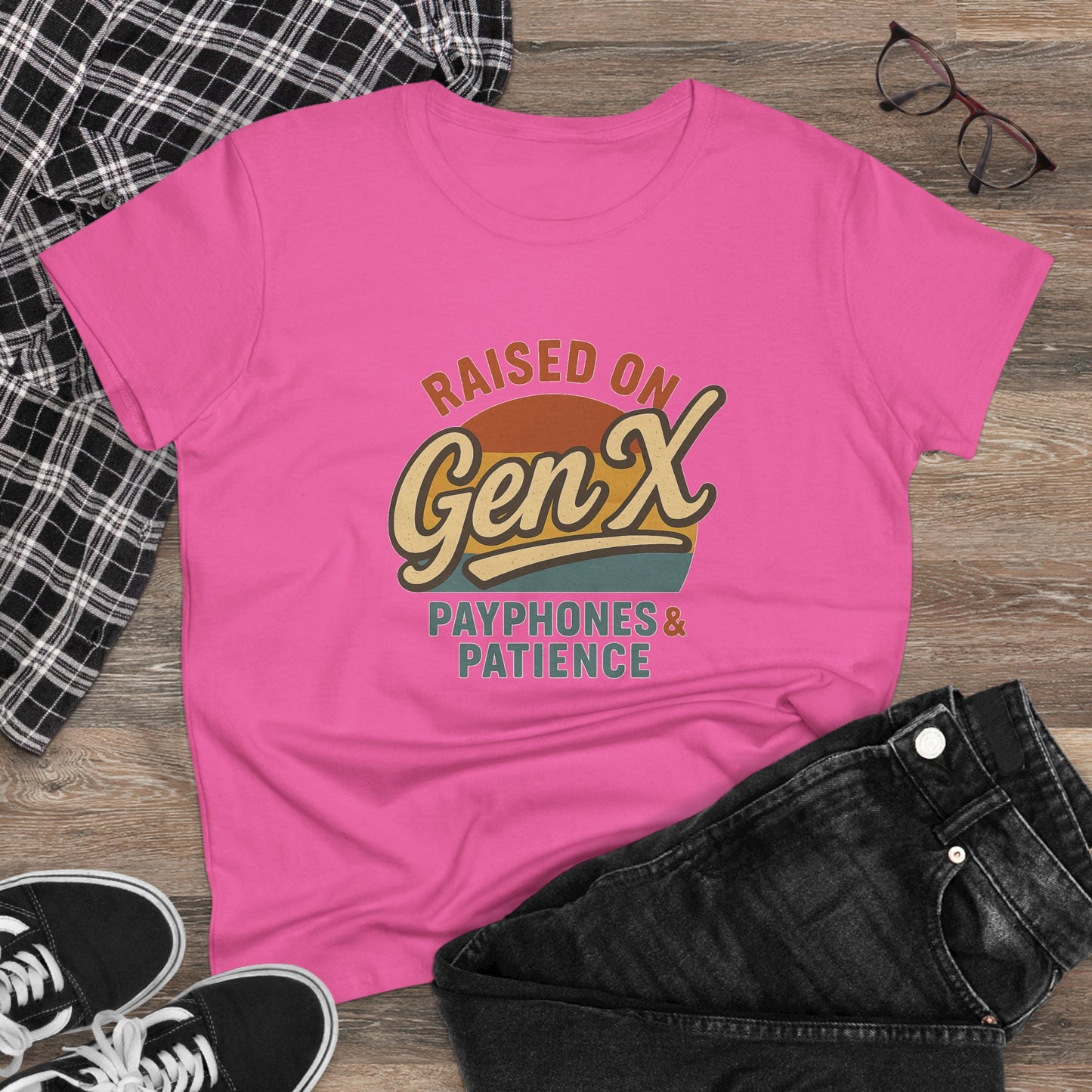 women's cotton tee - raised on gen x with payphones & patience