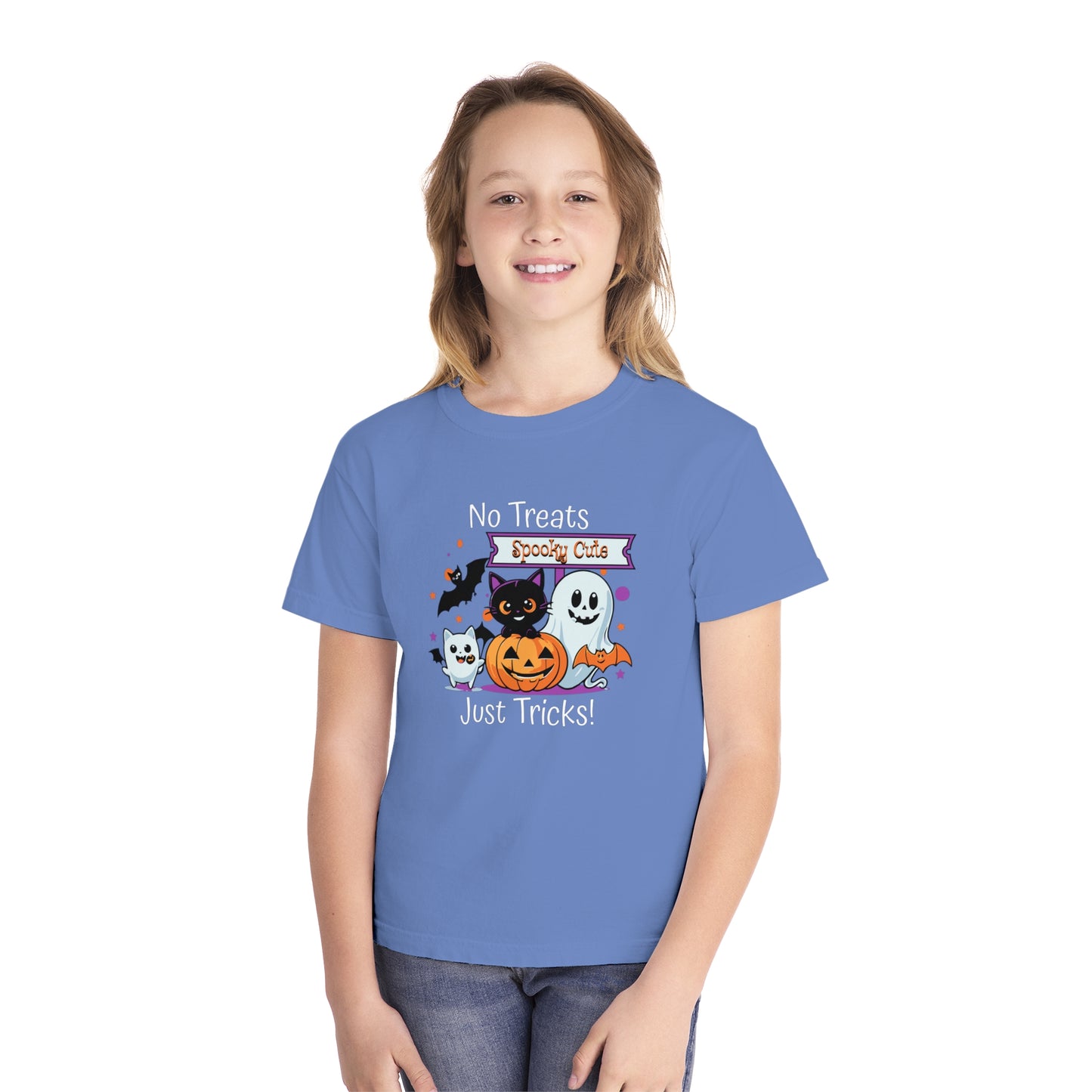 youth t-shirt, youth halloween t-shirt, no treats, just tricks!