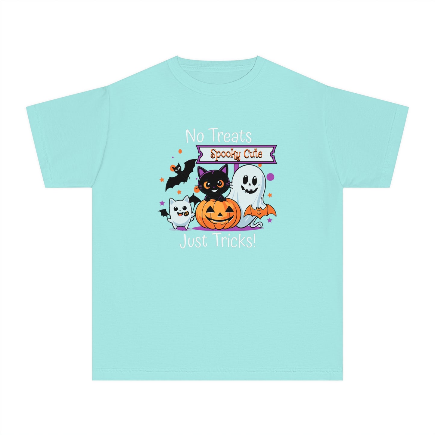 youth t-shirt, youth halloween t-shirt, no treats, just tricks!