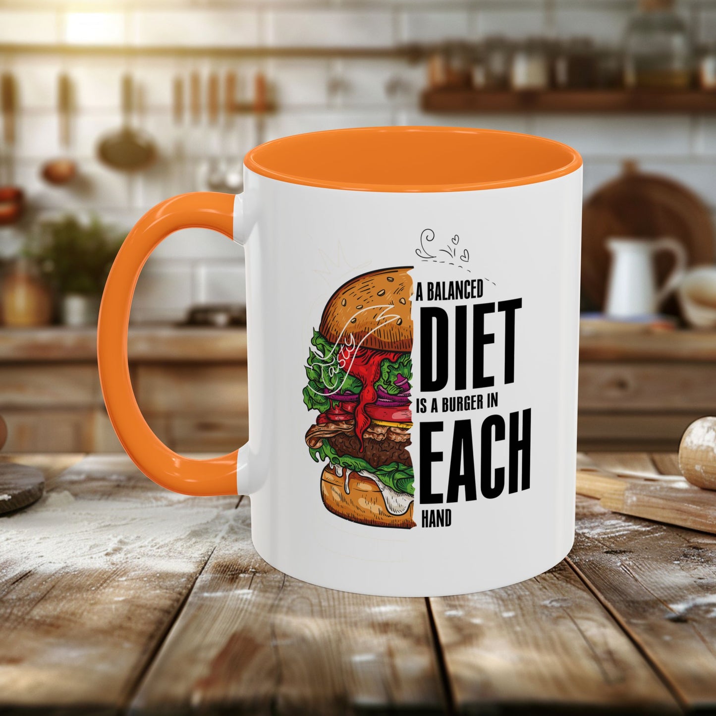 colorful mugs (11oz, 15oz) - a balanced diet is a burger in each hand - funny food quote