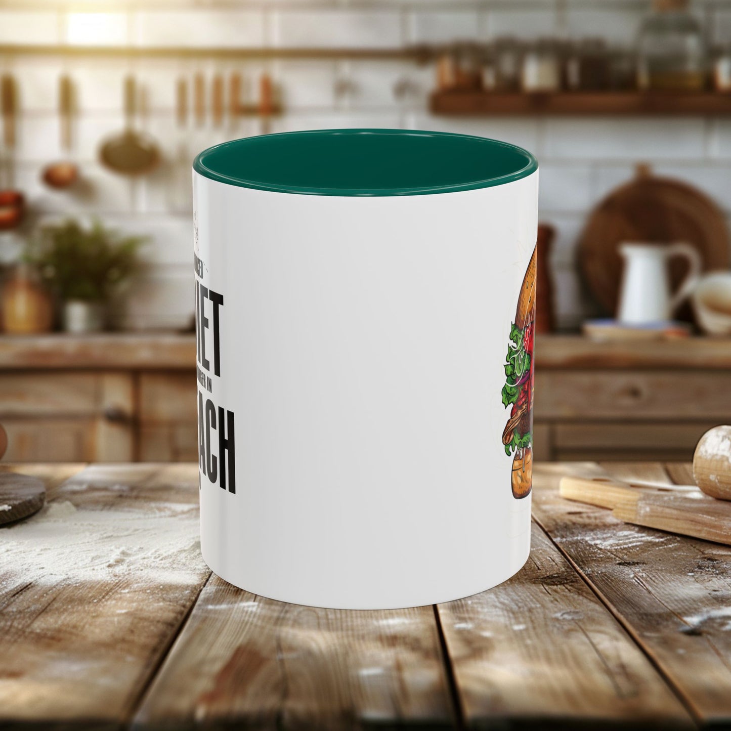 colorful mugs (11oz, 15oz) - a balanced diet is a burger in each hand - funny food quote