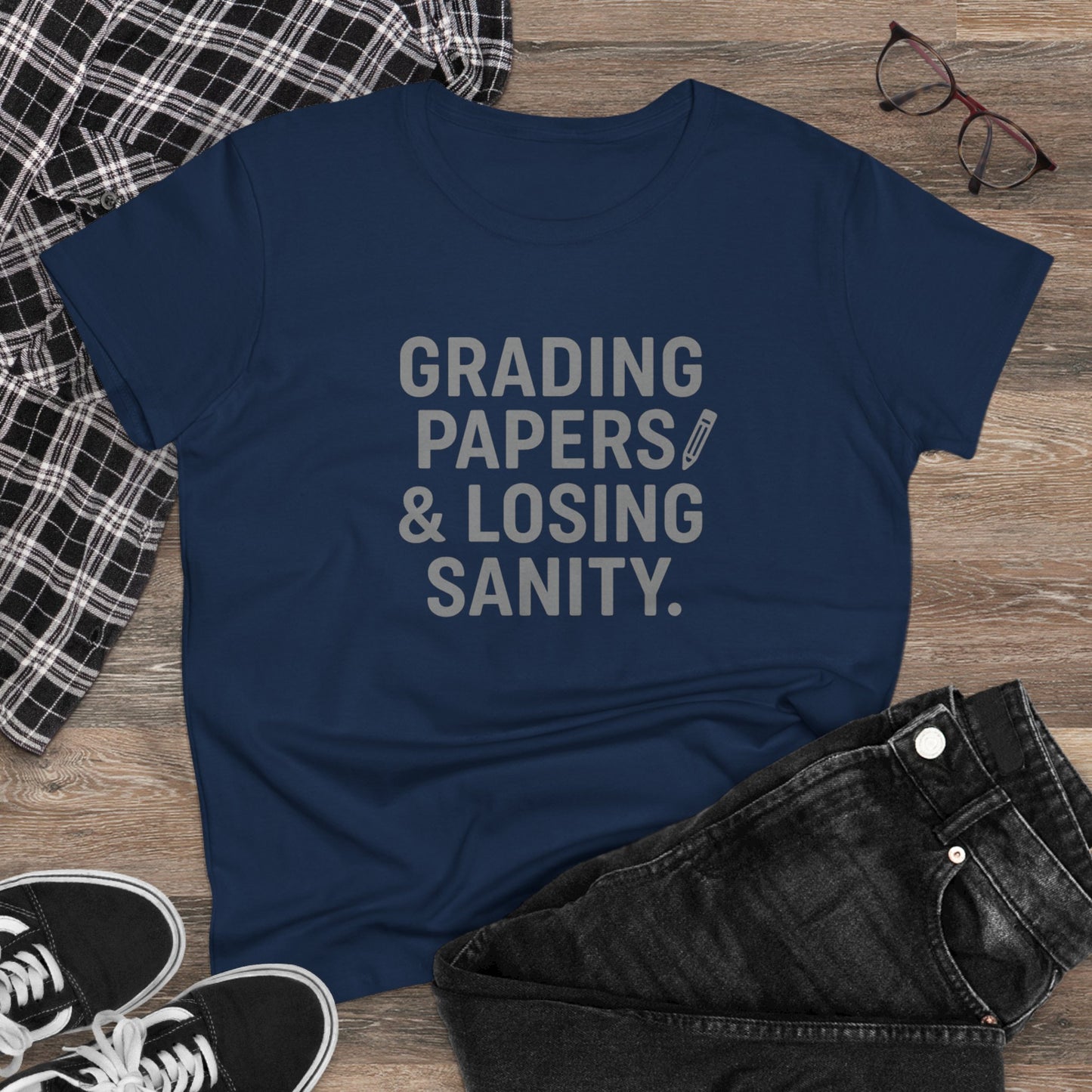 women's cotton tee - grading papers & losing sanity. teachers with attitude.