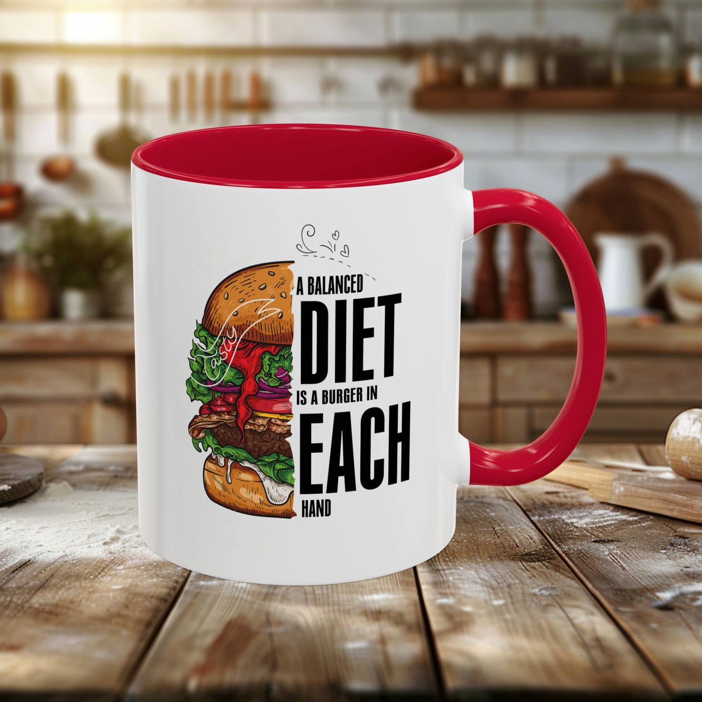 colorful mugs (11oz, 15oz) - a balanced diet is a burger in each hand - funny food quote