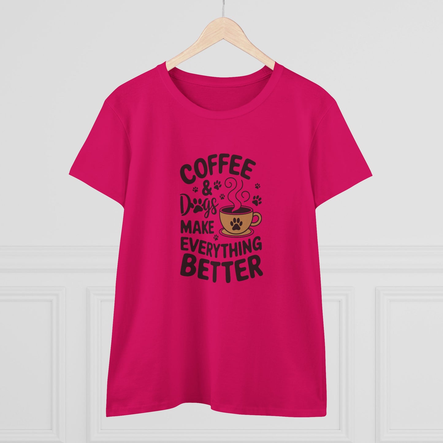 women's midweight cotton tee - coffee and dogs make everything better | funny dog lover gift | cute pet quote design