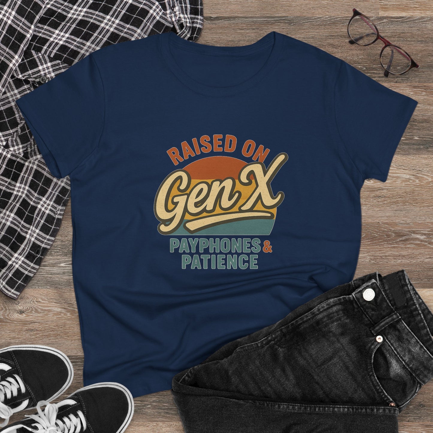women's cotton tee - raised on gen x with payphones & patience