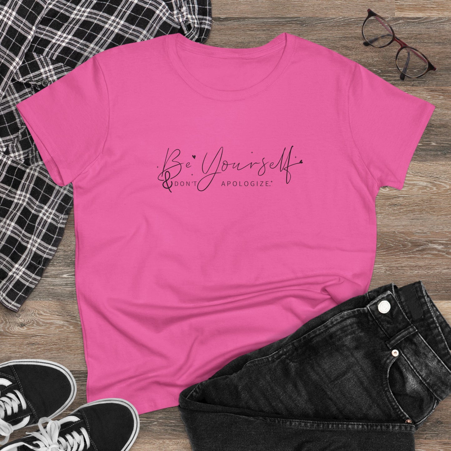 women's midweight cotton tee - be yourself, don’t apologize - bold self-worth quote