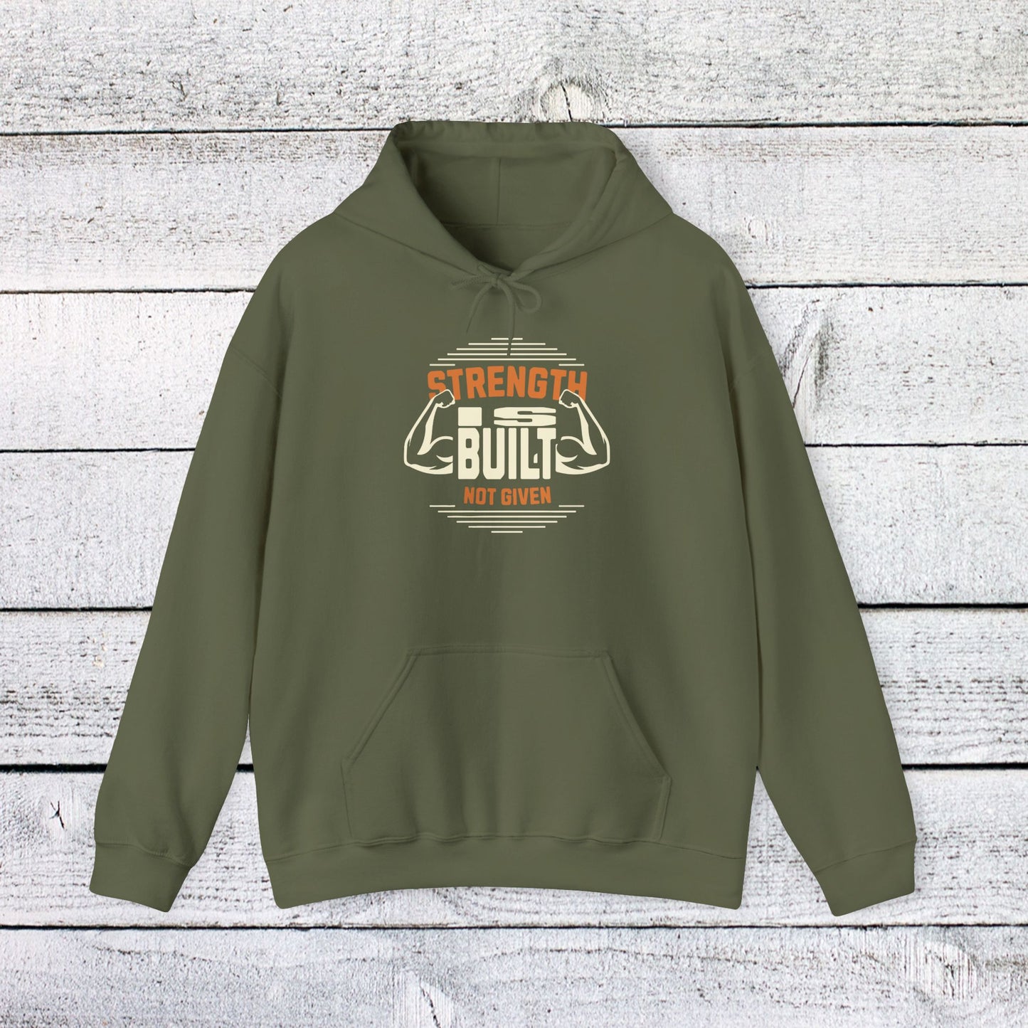 unisex heavy blend™ hooded sweatshirt - strength is built not given - motivational gym quote
