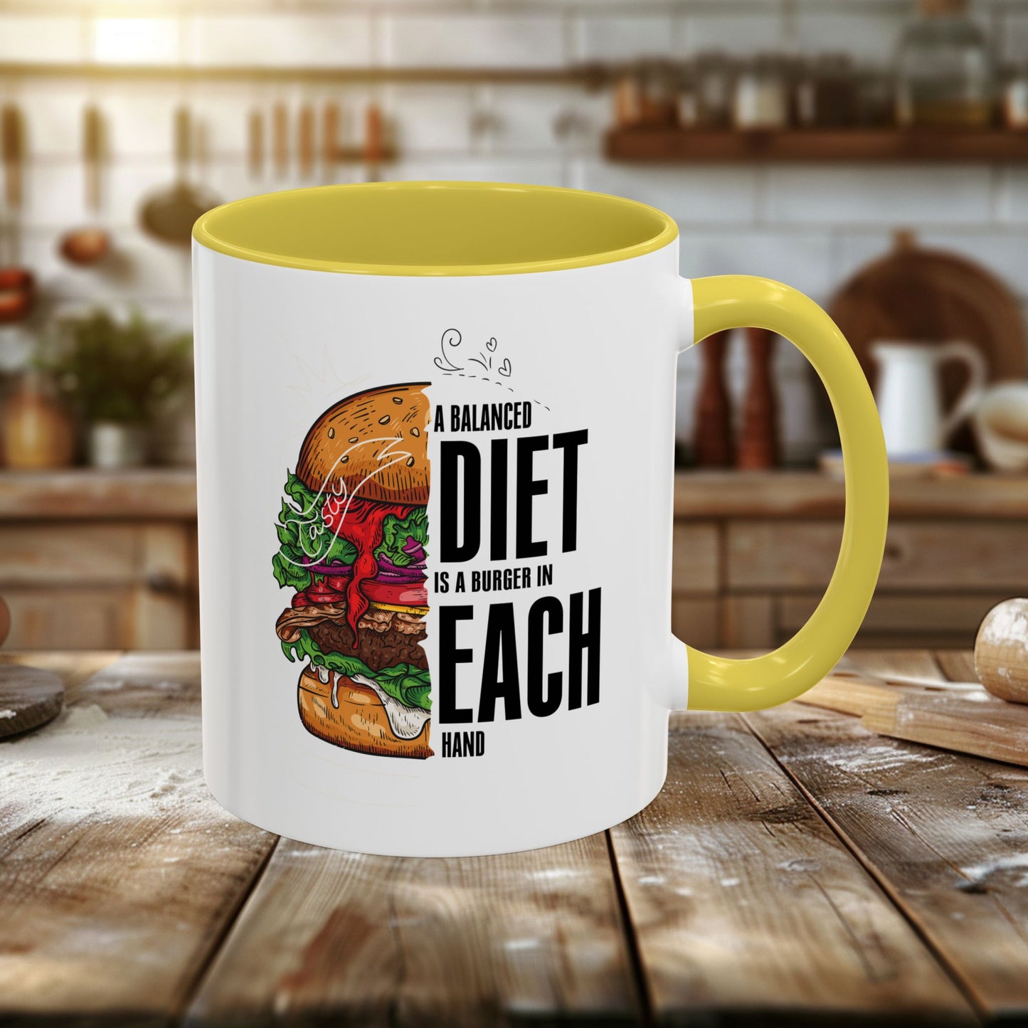 colorful mugs (11oz, 15oz) - a balanced diet is a burger in each hand - funny food quote