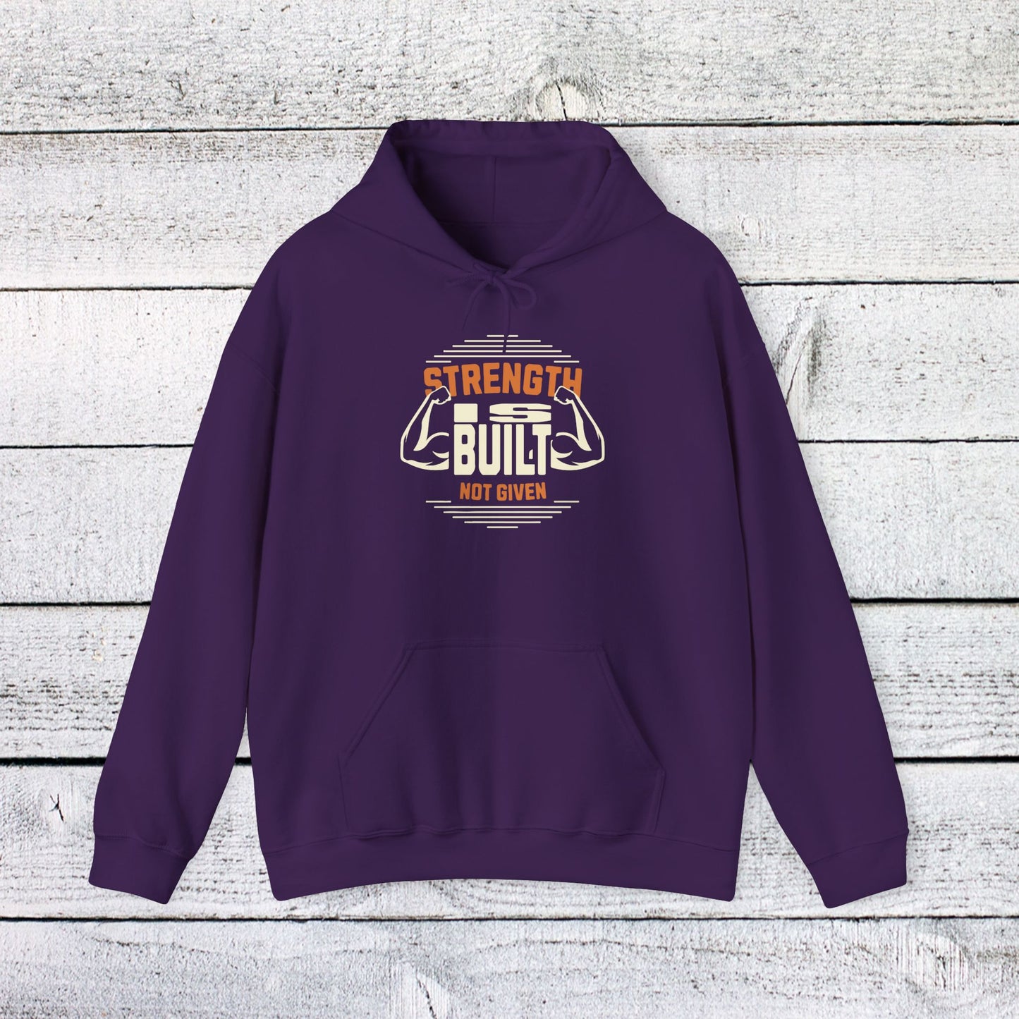 unisex heavy blend™ hooded sweatshirt - strength is built not given - motivational gym quote