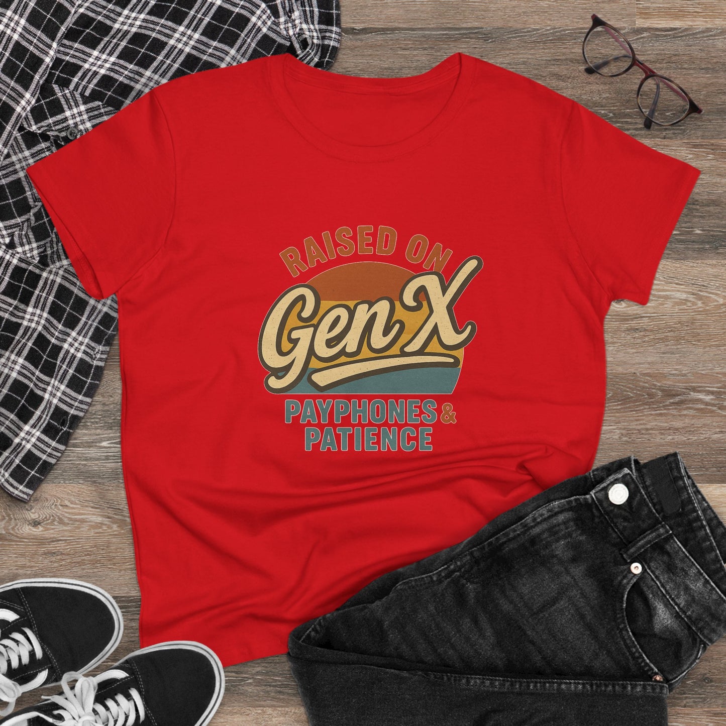 women's cotton tee - raised on gen x with payphones & patience
