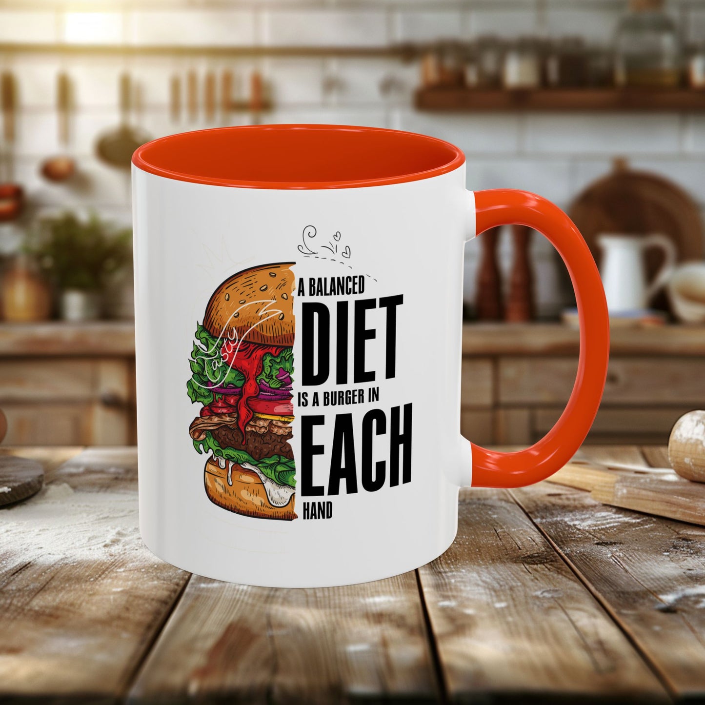 colorful mugs (11oz, 15oz) - a balanced diet is a burger in each hand - funny food quote