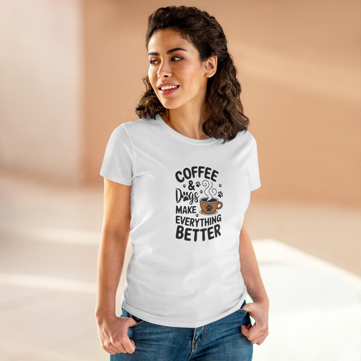 women's midweight cotton tee - coffee and dogs make everything better | funny dog lover gift | cute pet quote design